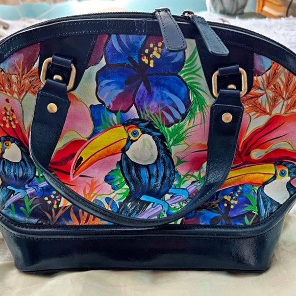 SATCHEL, LEATHER HANDPAINTED MULTICOLOUR PARROTS, TOP DOUBLE ZIP CLOSURE, REMOVA - Picture 2 of 14